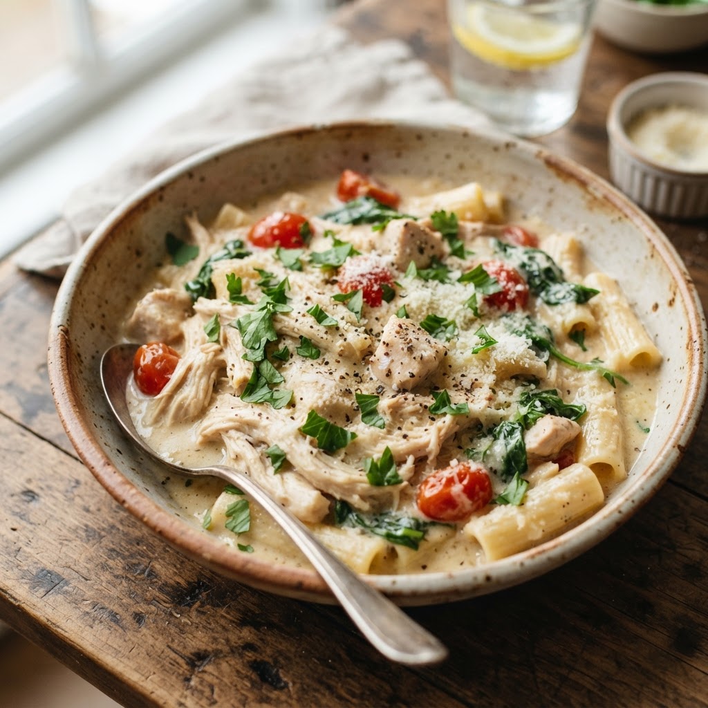 Creamy garlic parmesan slow cooker chicken served warm.