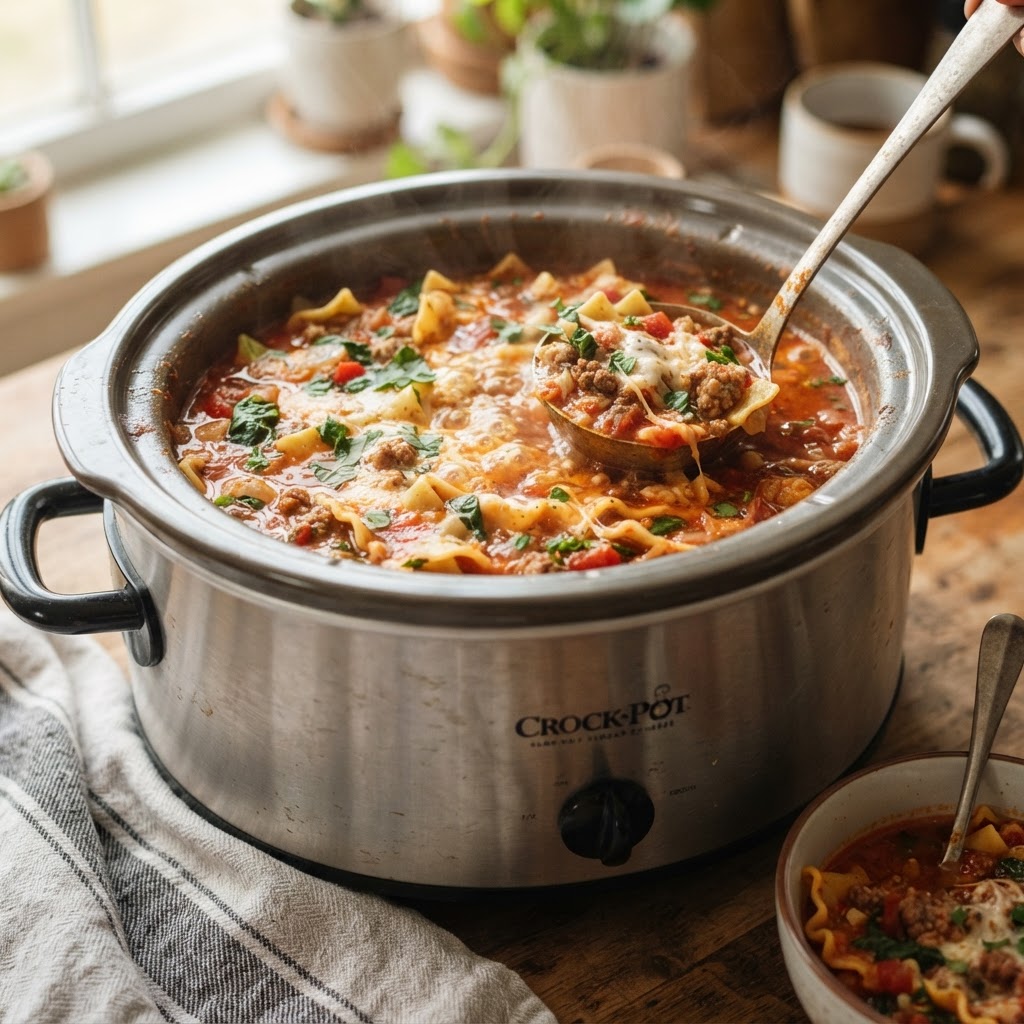 The slow cooker makes preparing lasagna soup effortless and delicious.