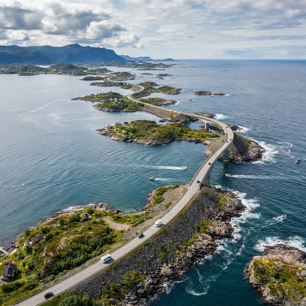 An aerial view of the archipelago and the serpentine road.