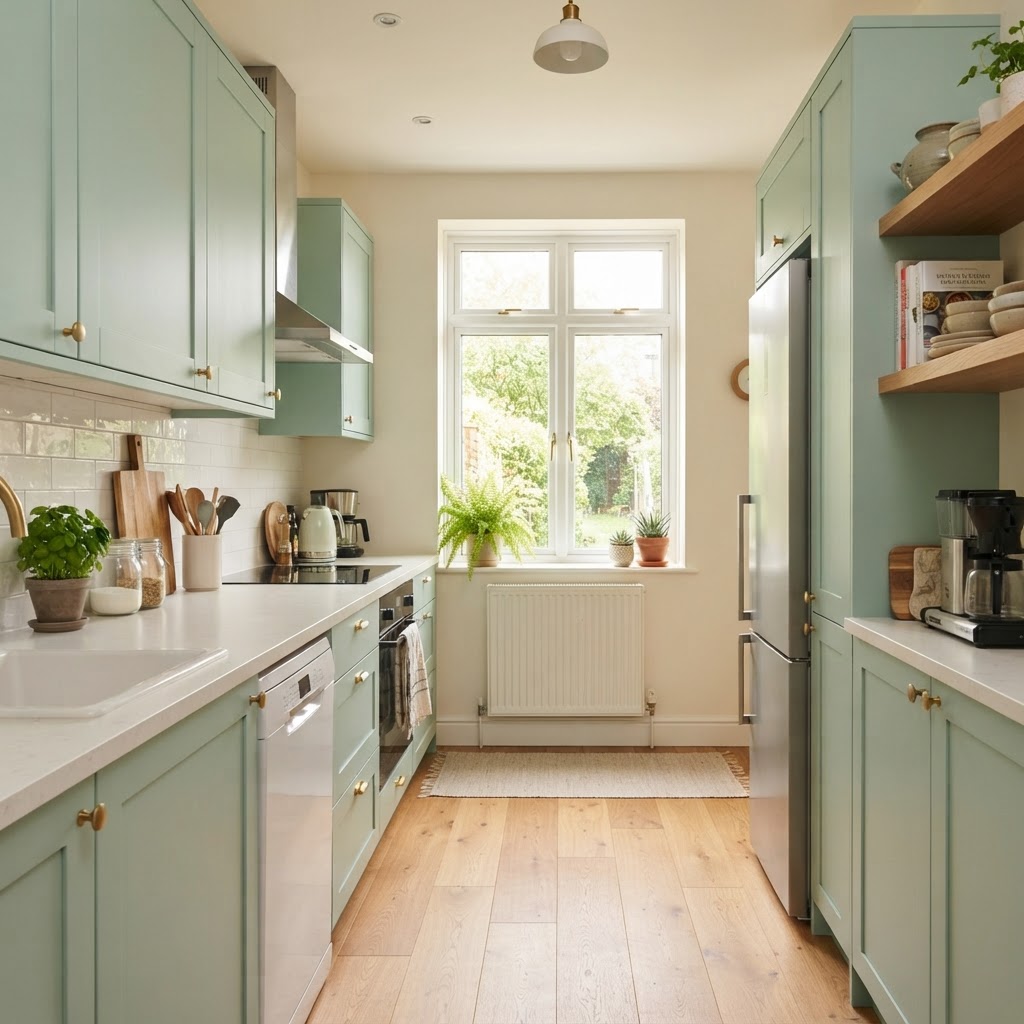Soft mint green keeps a small kitchen feeling open and refreshing.