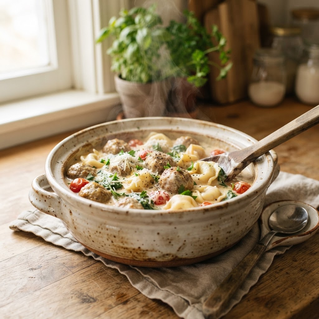 A delicious bowl of creamy slow cooker meatballs and tortellini ready for dinner.