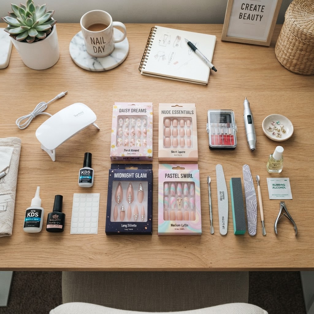A complete home nail kit is essential for DIY success.