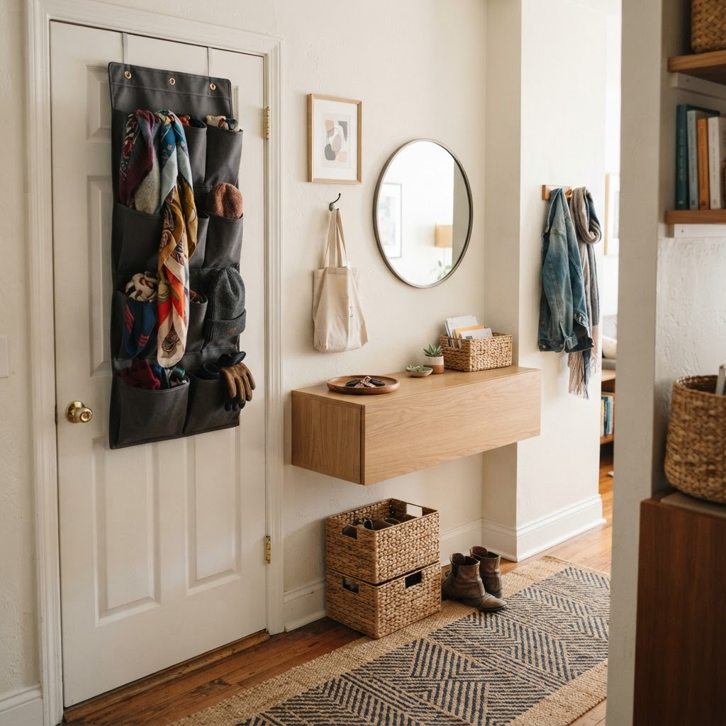 Make use of doors and entryways to add hidden storage capacity.
