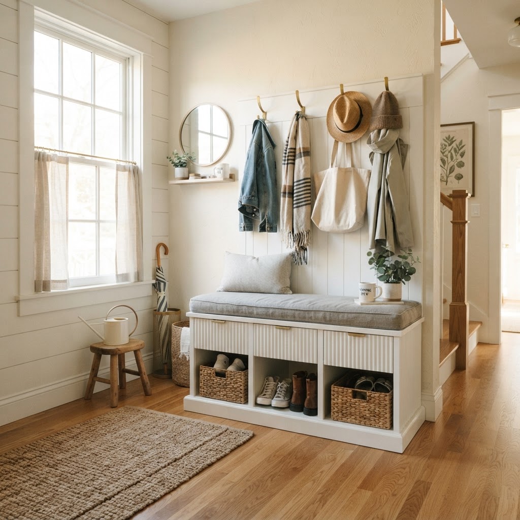 Light and airy organization for a tiny entryway.