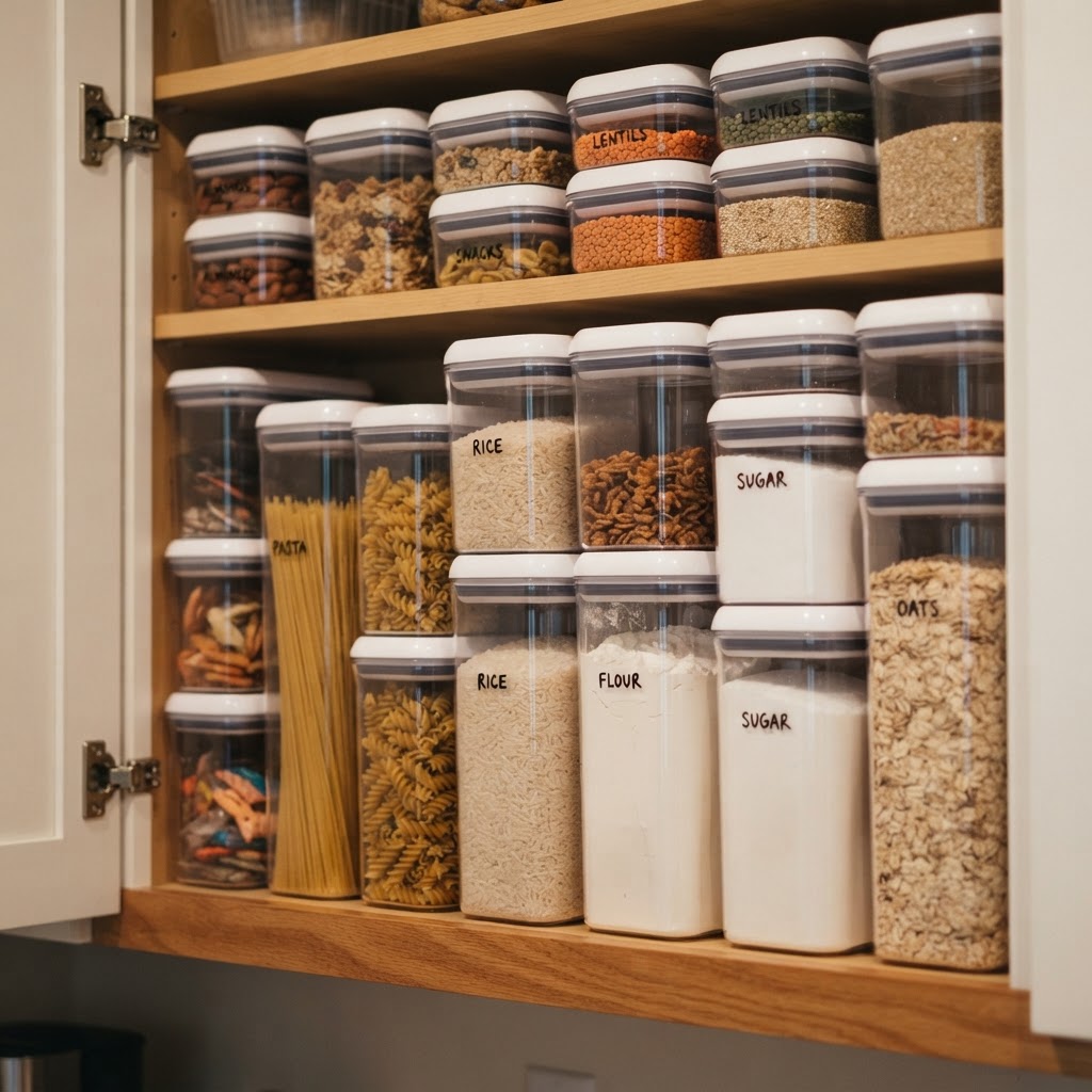 Clear, stackable containers turn chaotic shelves into organized, efficient zones.