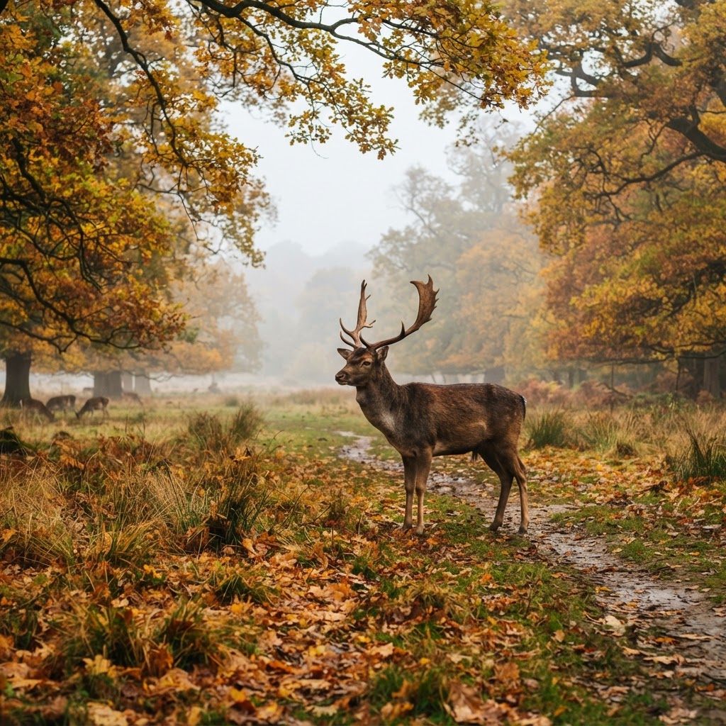 The wild beauty of a stag in the autumnal mist of Richmond Park.