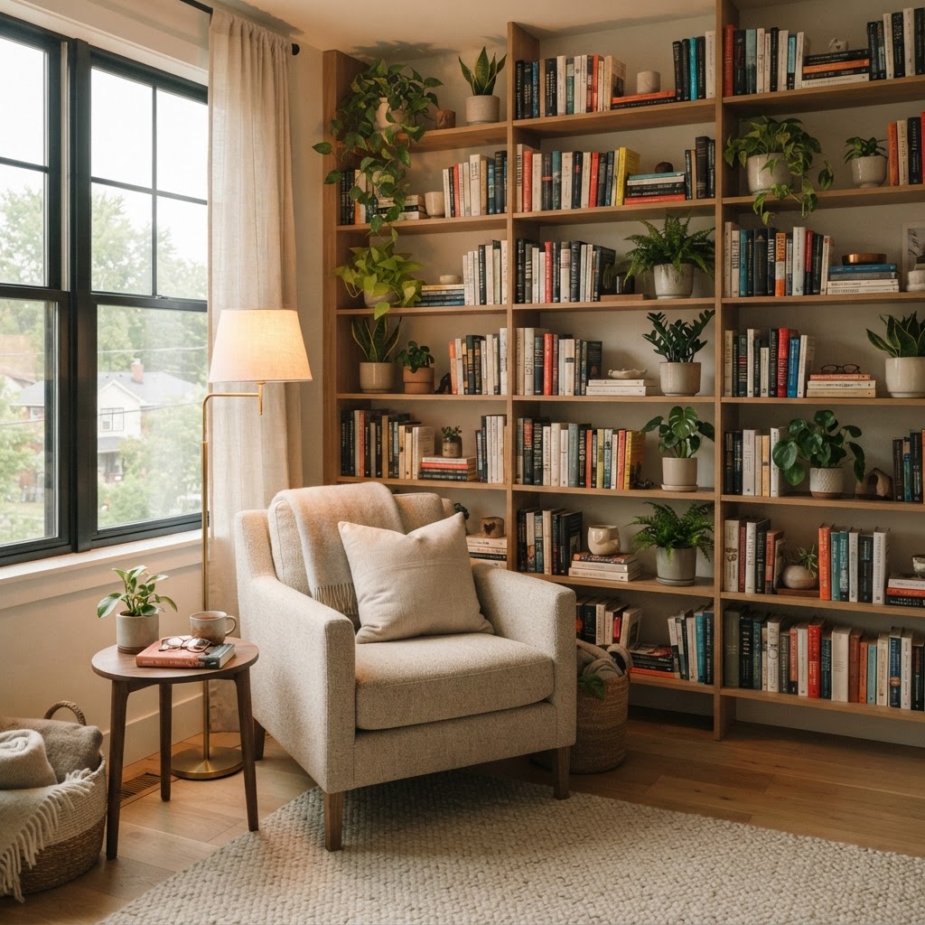 Vertical storage solutions draw the eye upward, maximizing limited floor space.