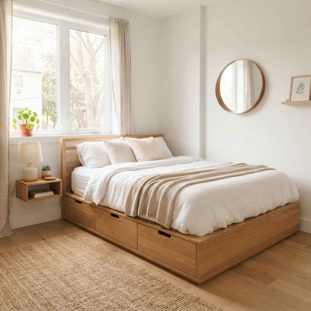 Choose a bed with built-in storage to maximize bedroom efficiency.