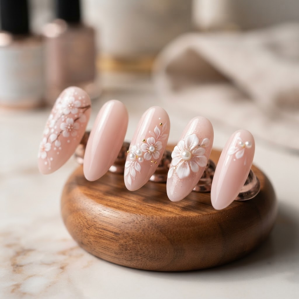 Sophisticated almond-shaped nails with delicate floral details.