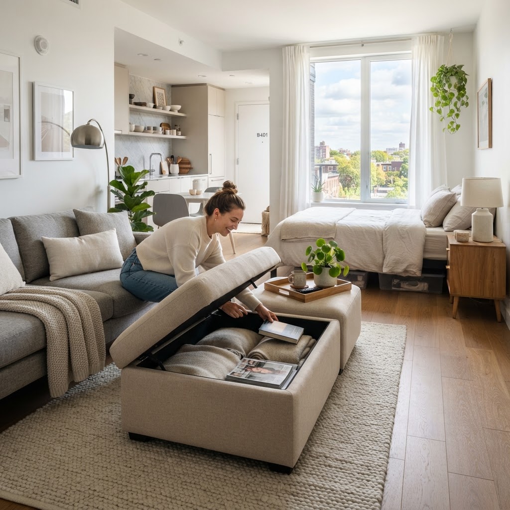Maximize your living room with a functional storage ottoman.