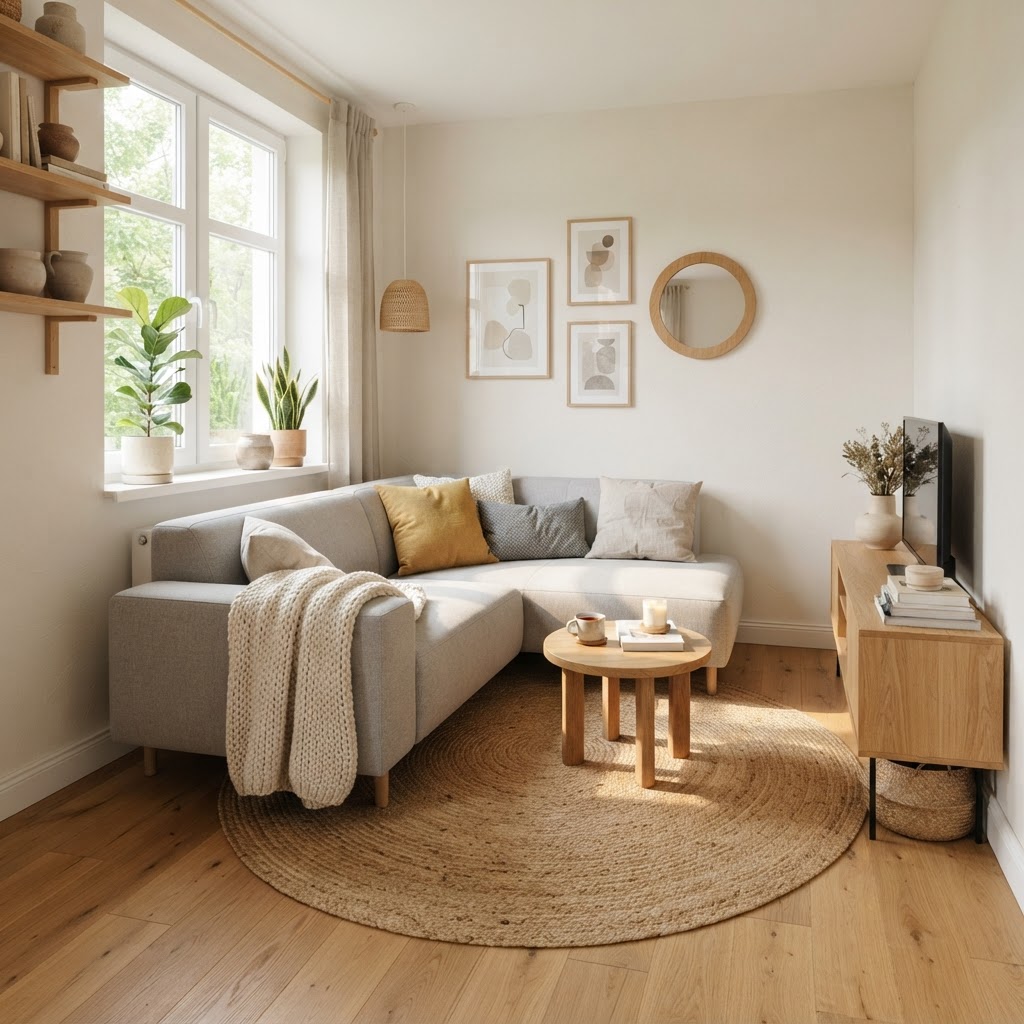 A bright, airy living room layout that utilizes an L-shaped sectional to maximize seating.