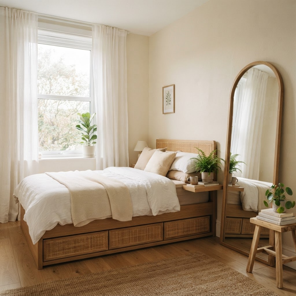 Use mirrors and sheer curtains to maximize light and space.