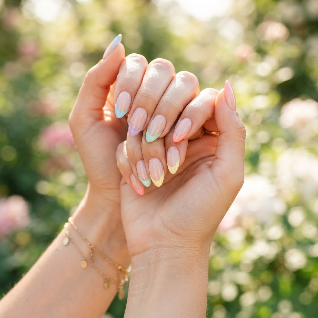 Pastel rainbow French tips perfectly applied for a chic, trendy look.