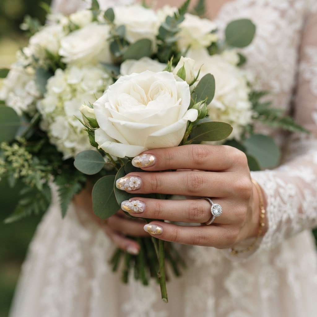 Stunning 3D floral press-on nails that perfectly match a classic wedding bouquet.