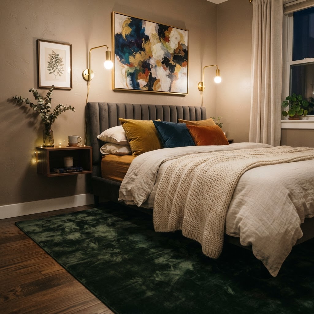 Layered lighting and a single large piece of art make a small room feel curated and intentional.