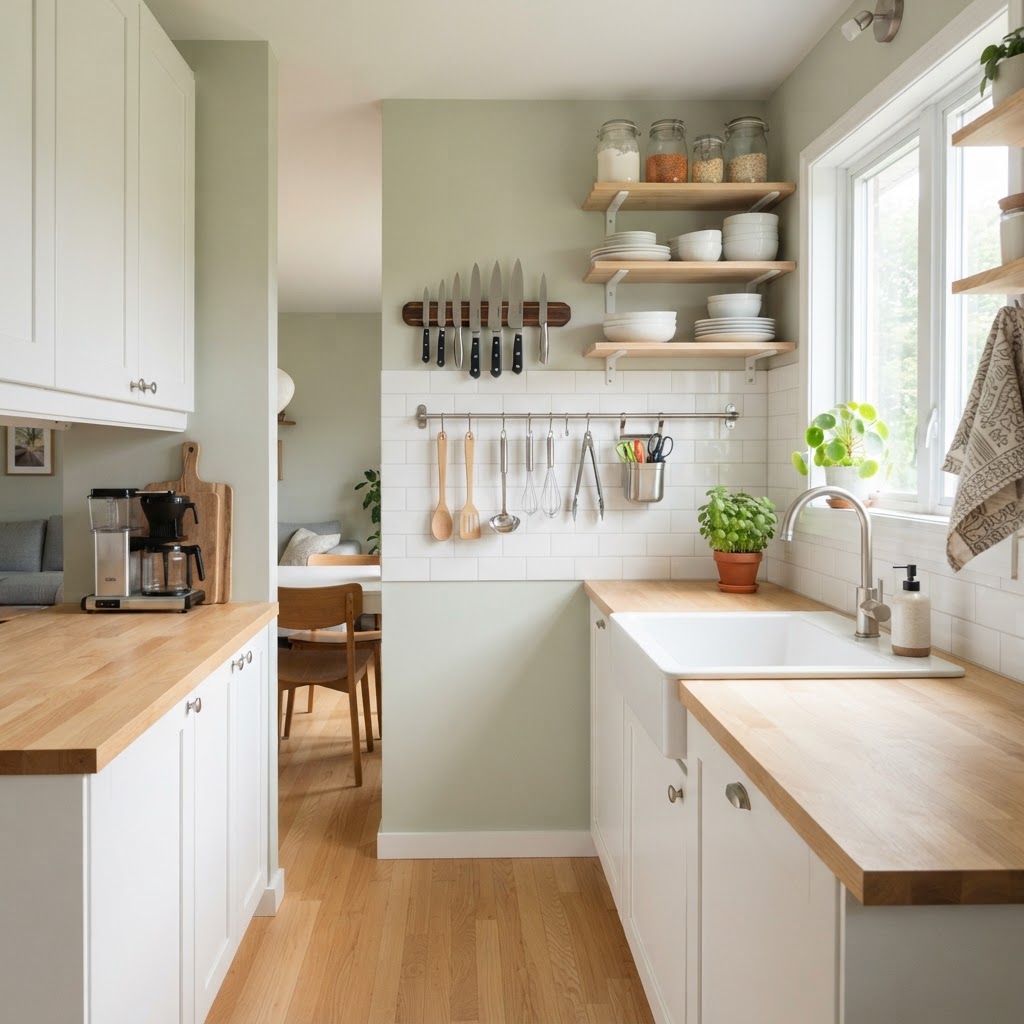 Vertical storage is the secret to keeping counters clear.