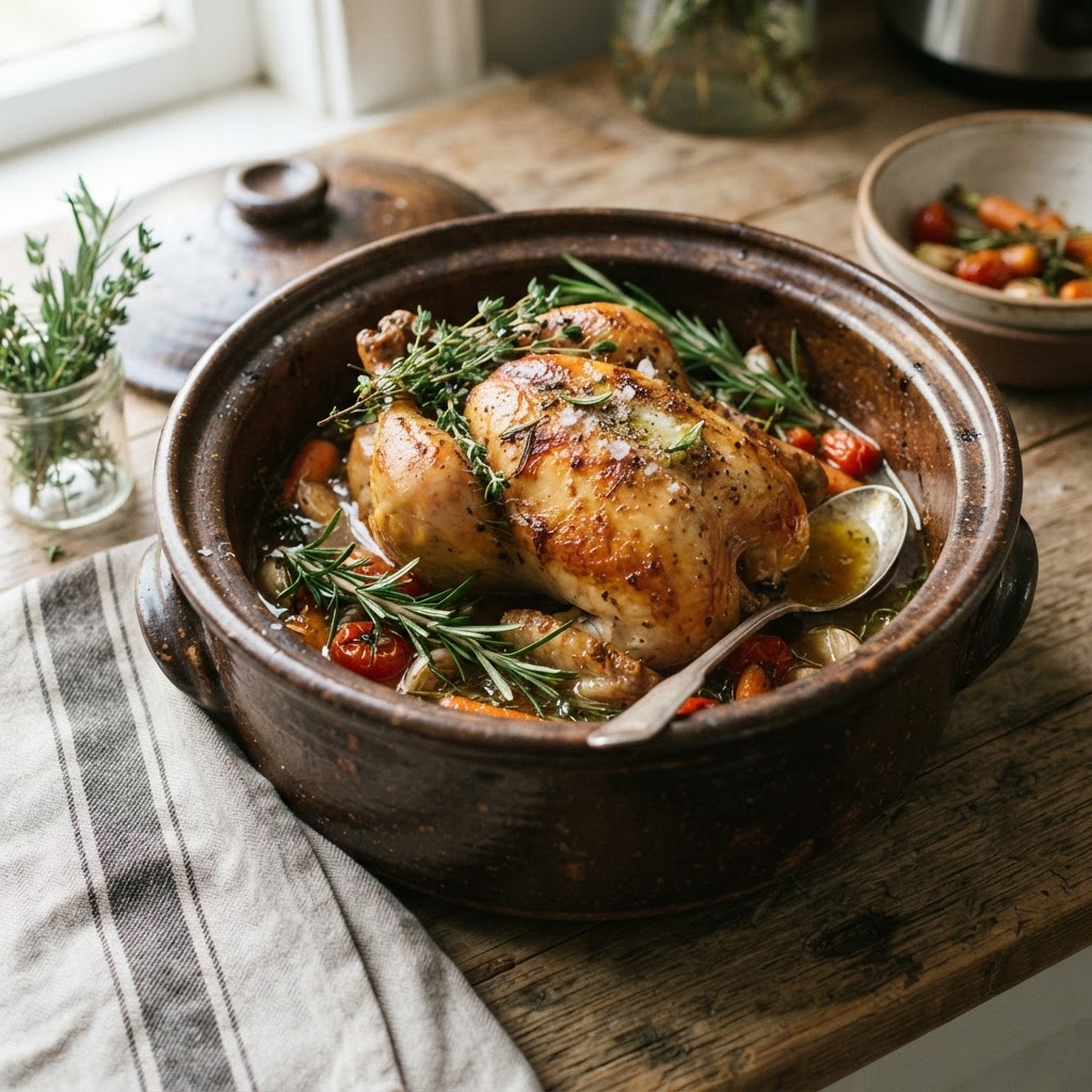A perfectly cooked, tender slow cooker chicken ready for serving.
