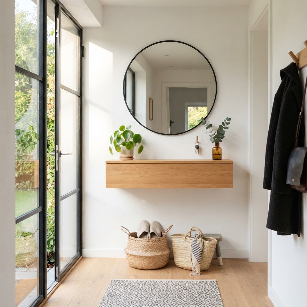 A floating console and mirror can make even the smallest entryway feel spacious and bright.