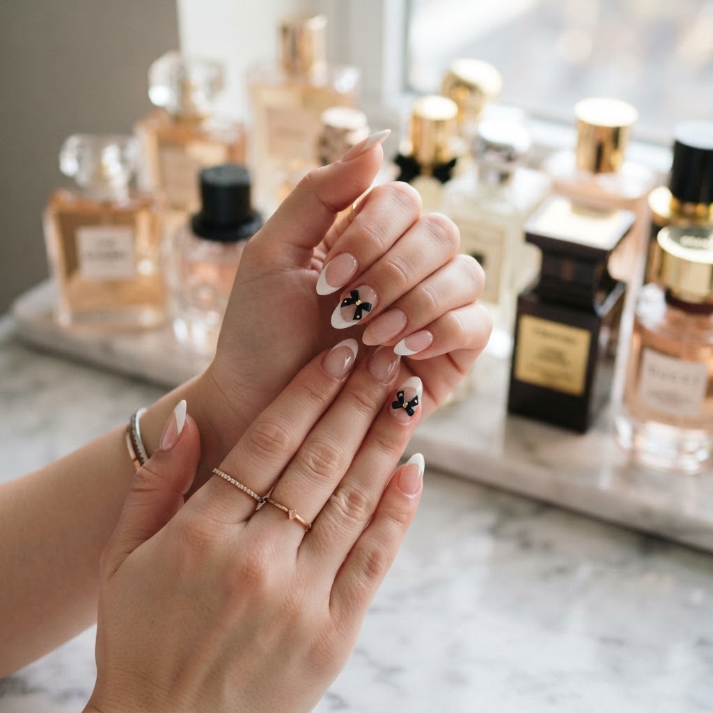 Classic French tip aesthetic with a modern bow accent.
