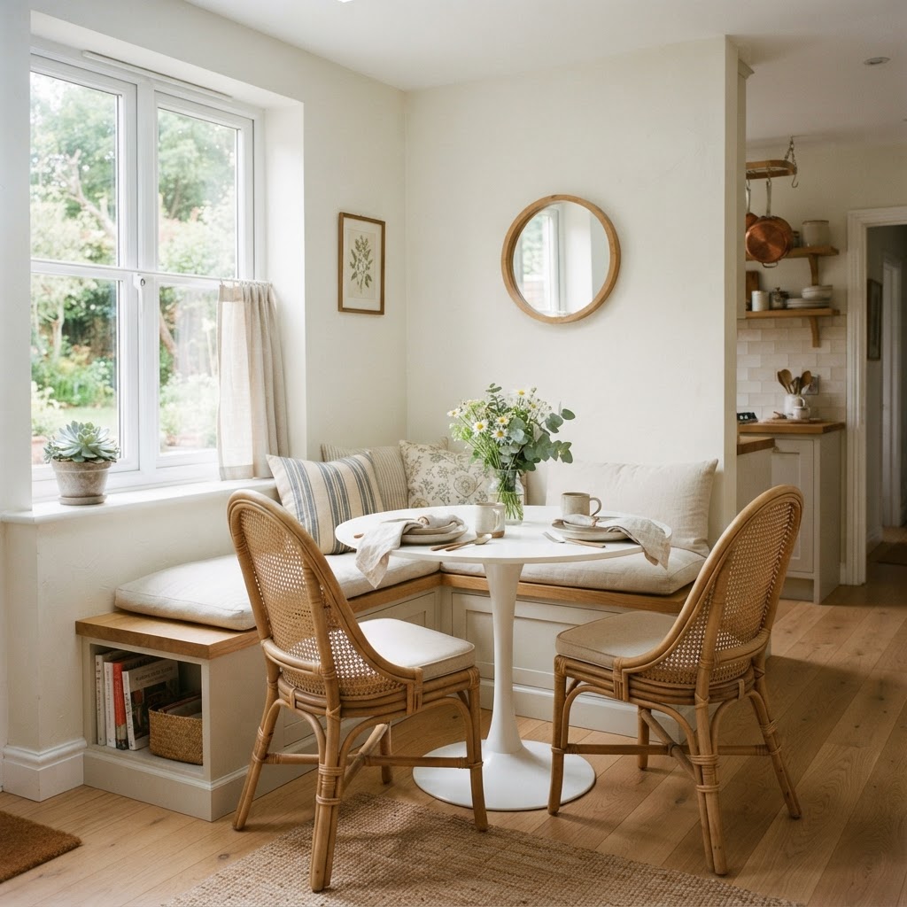 Using light, reflective colors helps brighten up a small dining nook.
