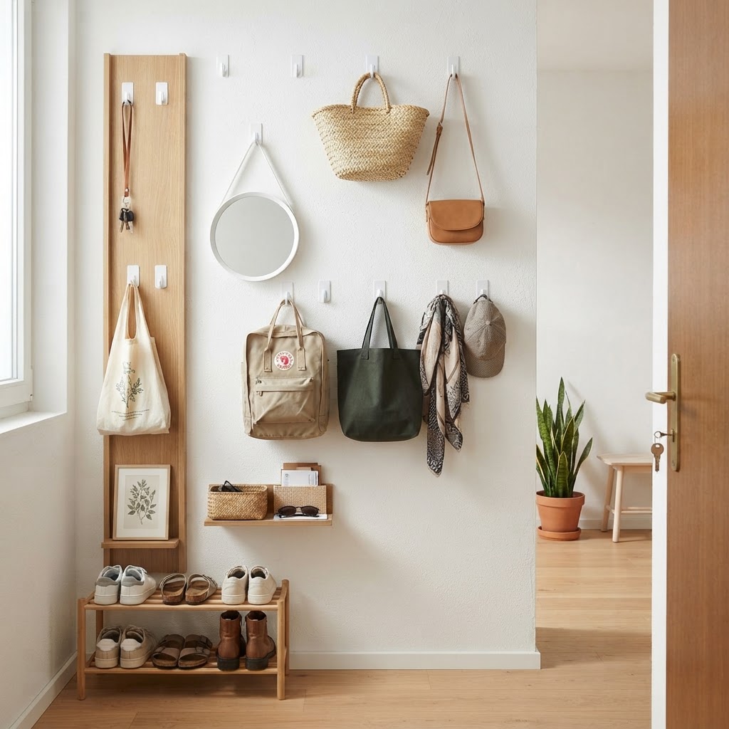 Adhesive hooks are a renter-friendly way to maximize vertical storage.