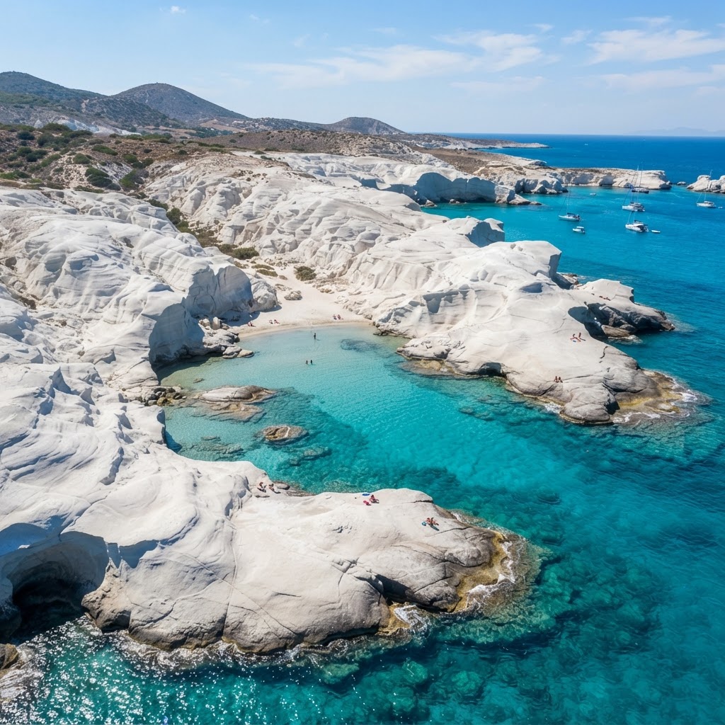 The unique, unreal rock formations of a Milos beach.