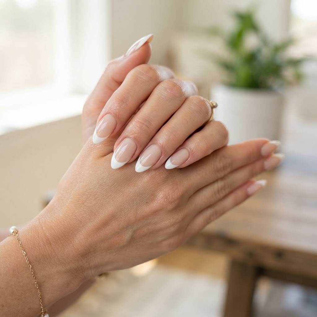 Almond-shaped press on nails french design for an elegant, timeless look.