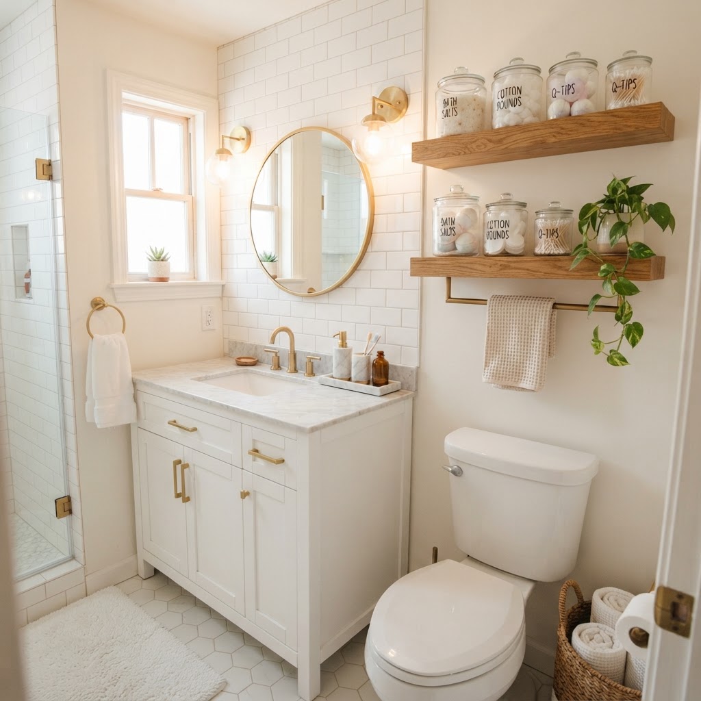 Maximize vertical space with floating shelves and uniform containers.