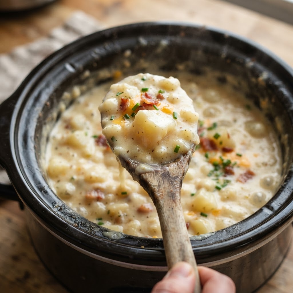 A spoonful of perfectly cooked creamy potato soup.