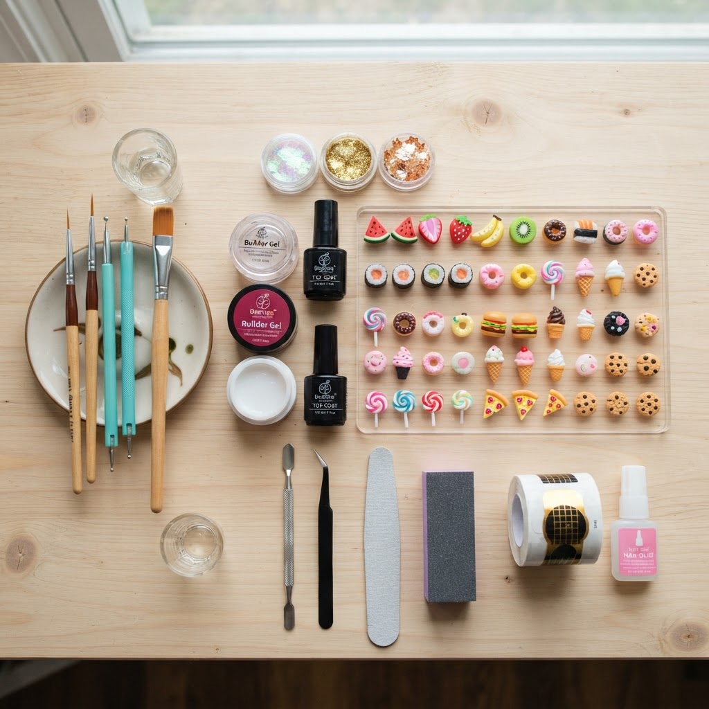 The essential toolkit for creating custom food-themed press-on nails.