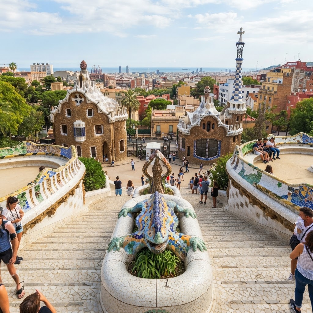 Gaudí's iconic mosaic lizard at Park Güell, a vibrant piece of Barcelona's cinematic landscape.