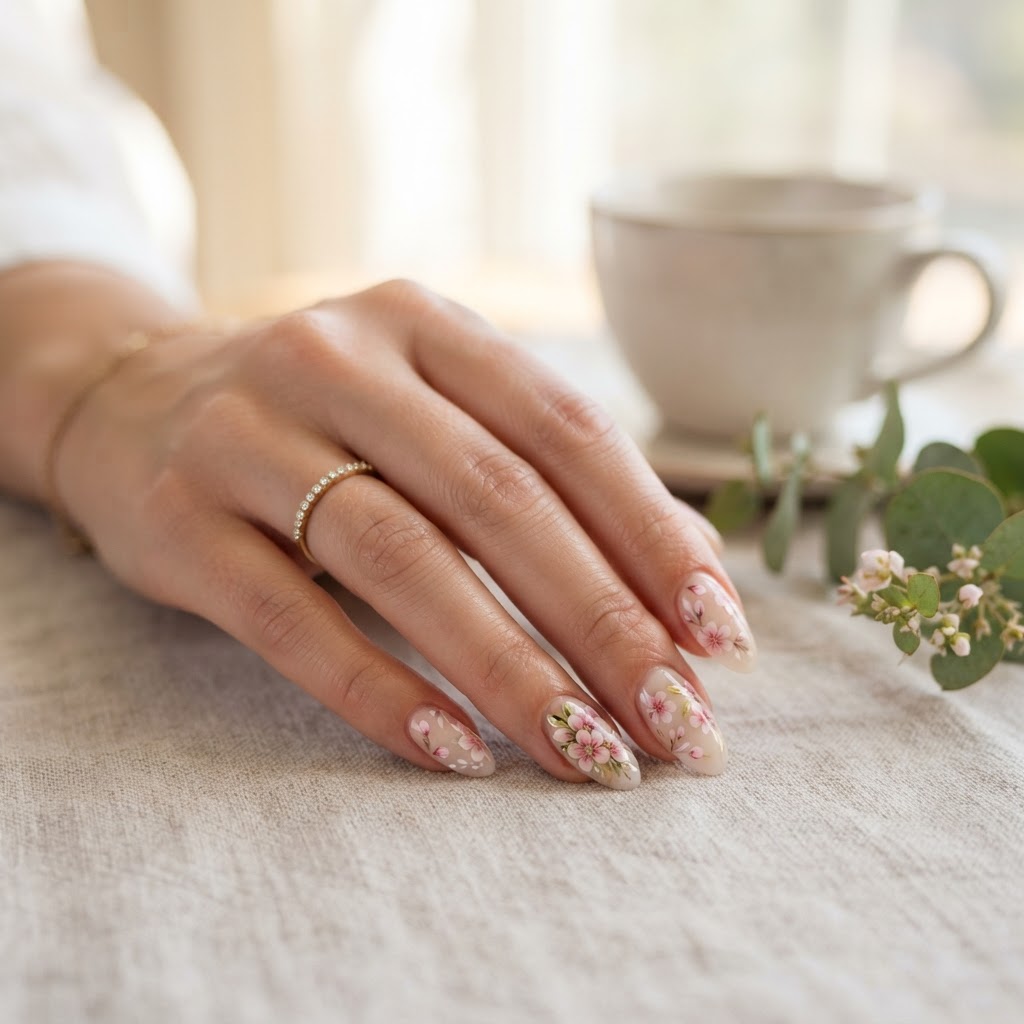Custom fit almond press-on nails in soft pink floral provide a sophisticated look.