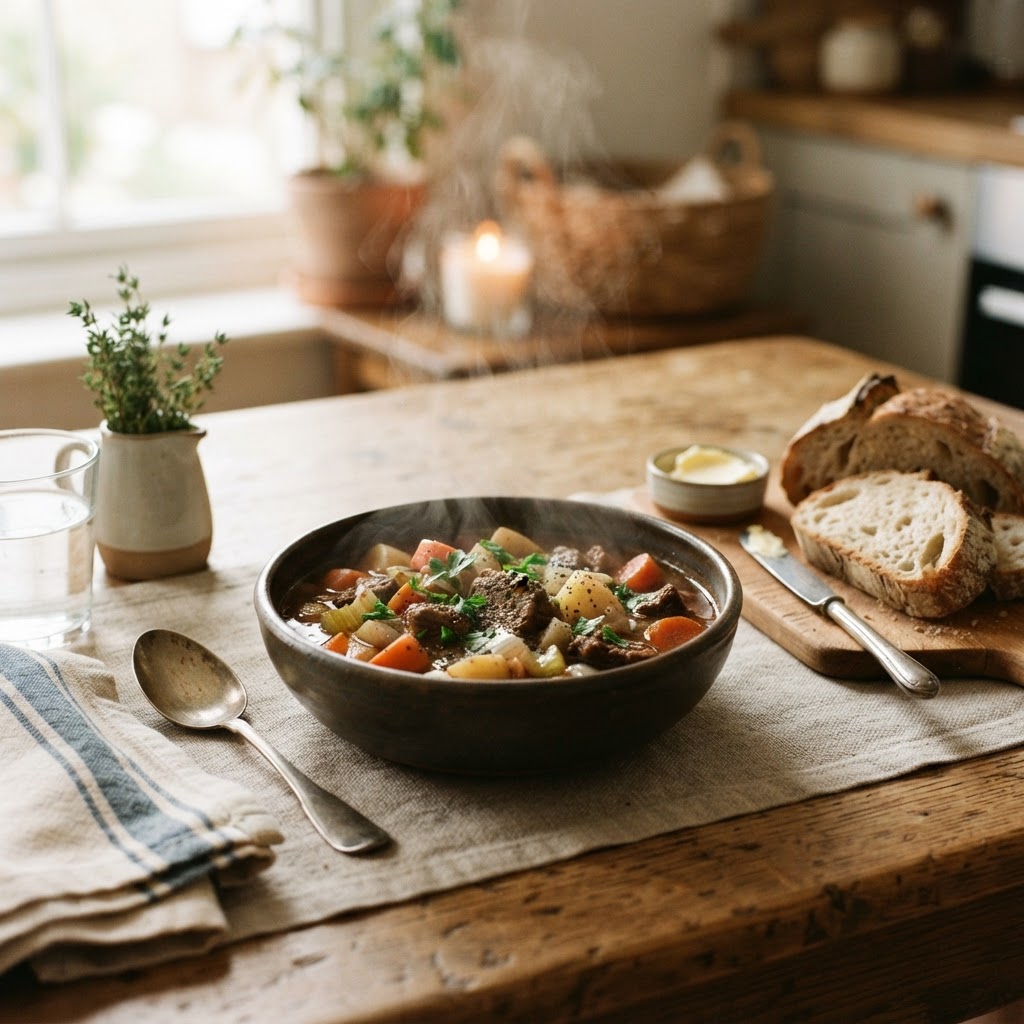 A perfect winter dinner served warm and inviting.