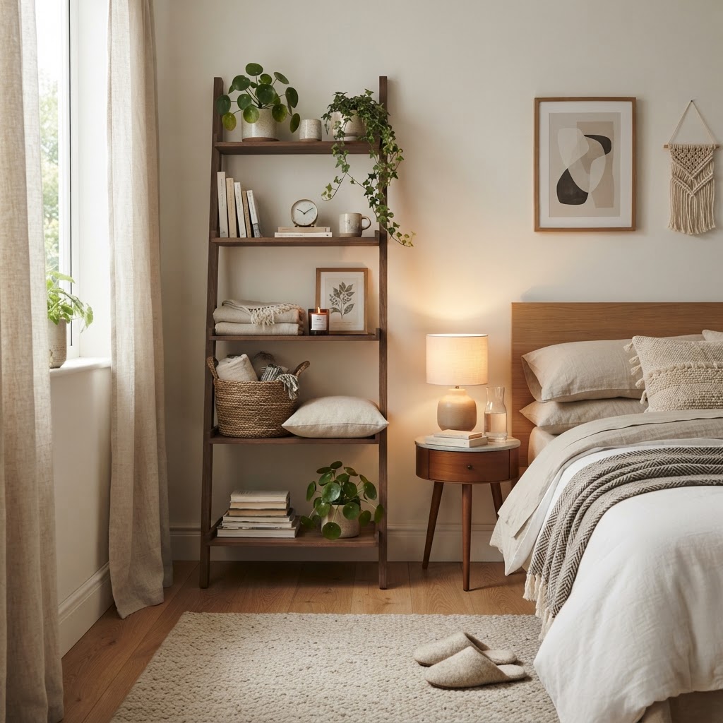 Ladder shelves are a stylish, space-saving storage solution for tight corners.
