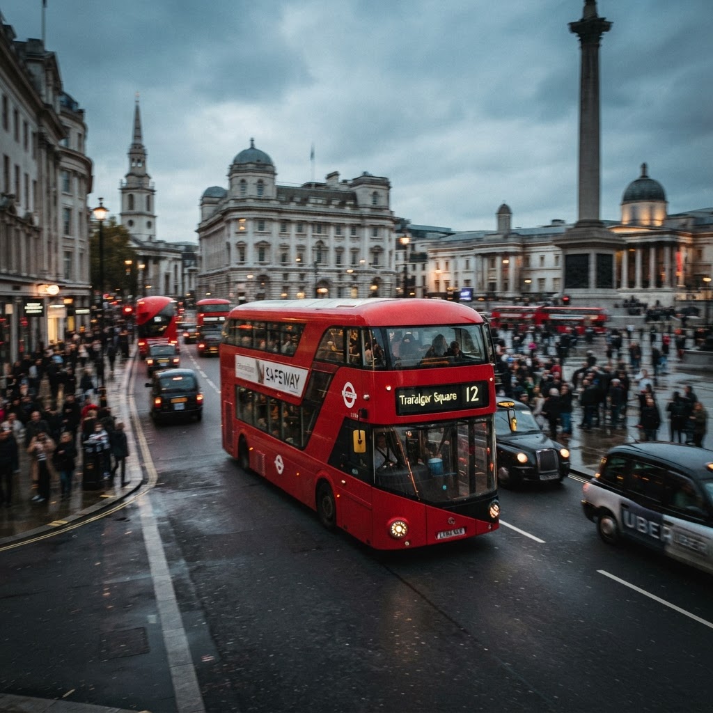 The iconic red London bus in motion.