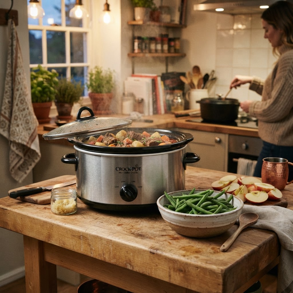 A wholesome, easy slow cooker pork chop dinner preparation.