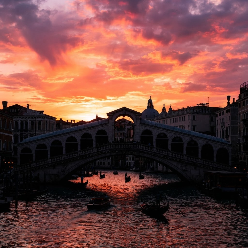 An ornate bridge silhouetted against a brilliant sunset.
