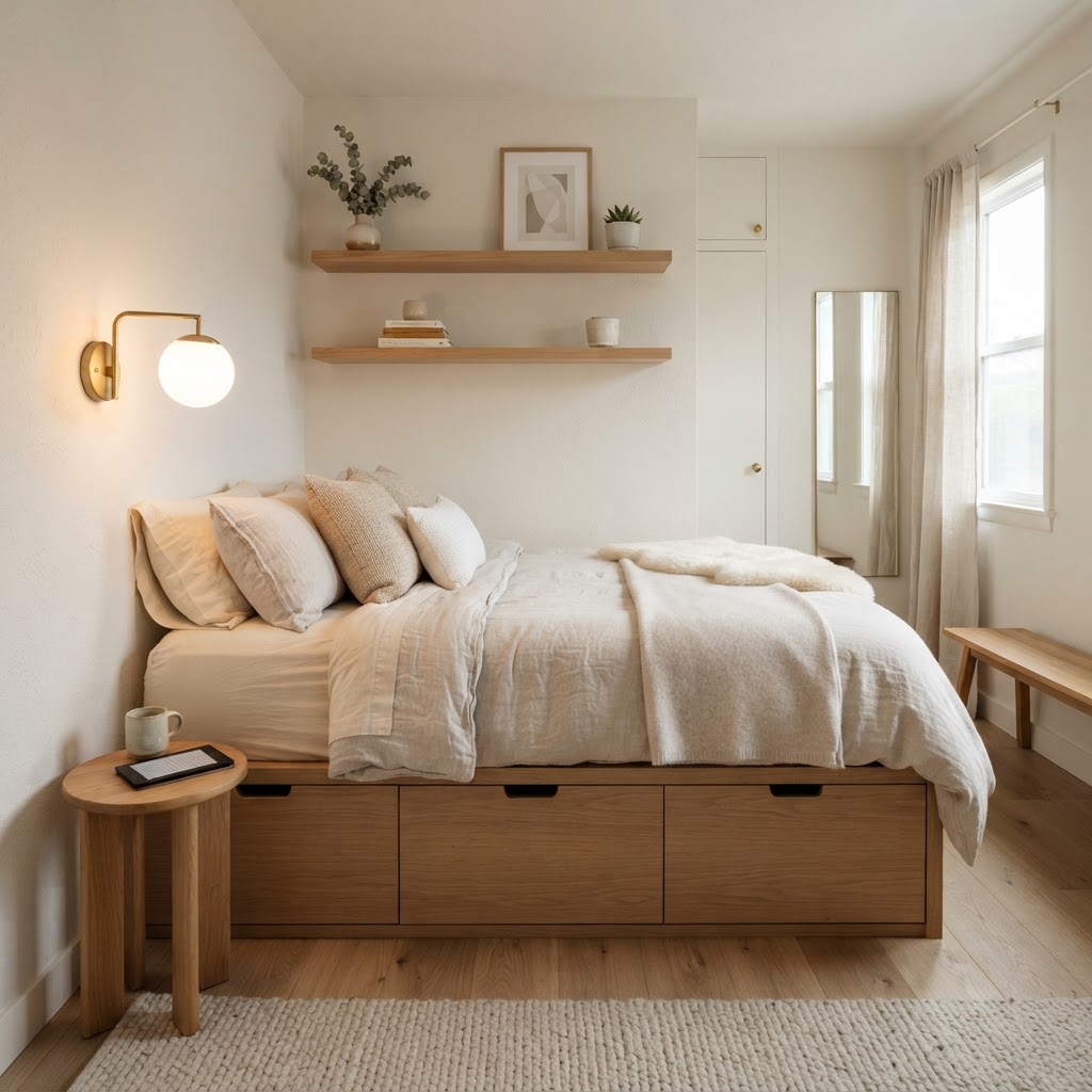 Built-in under-bed storage is essential for tiny rooms.