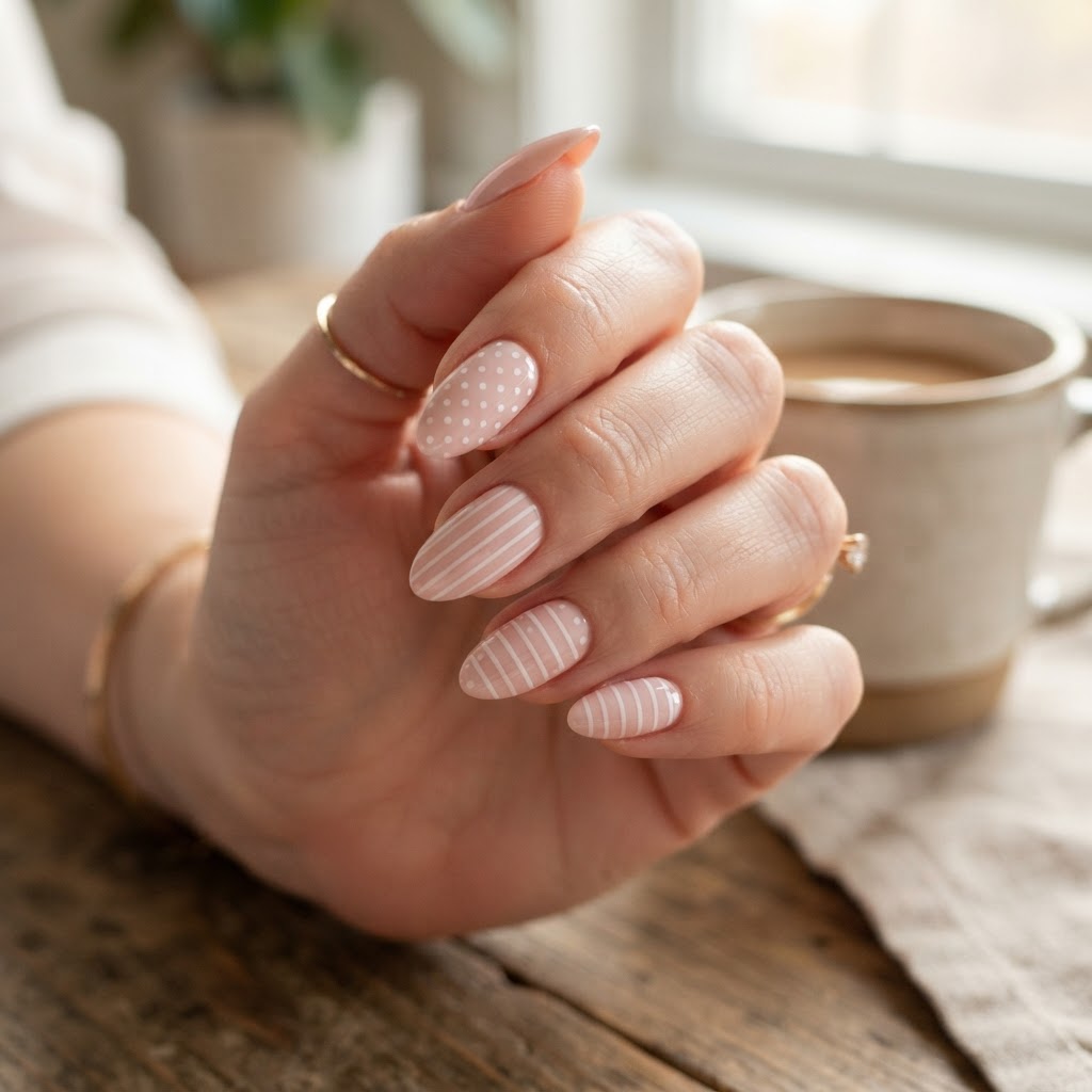 Soft pink press on nails with polka dot and stripe designs.