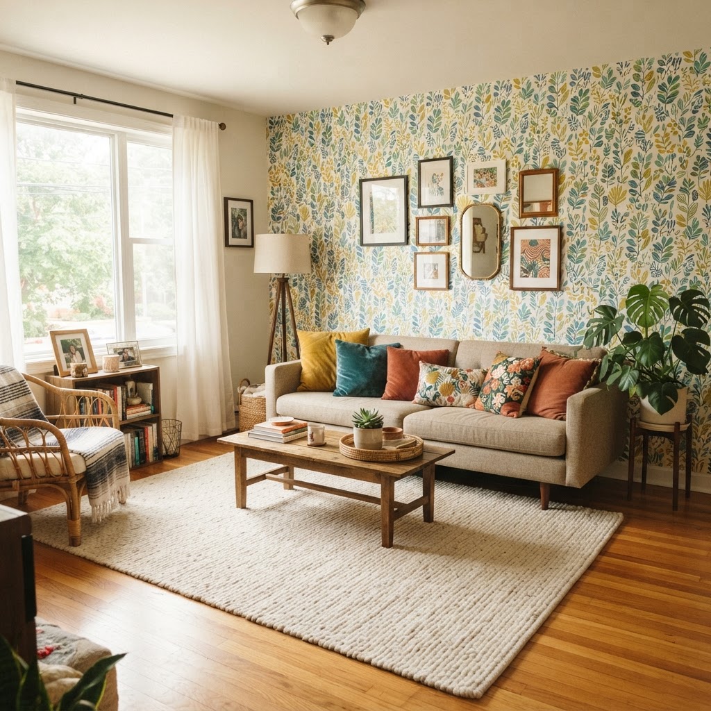 Transform your living space with removable wallpaper and textured rugs.