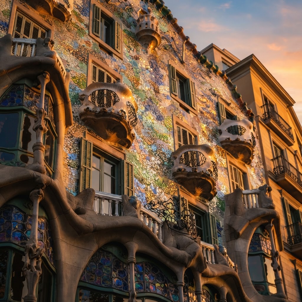 The vibrant, shimmering mosaics of Casa Batllo during golden hour.