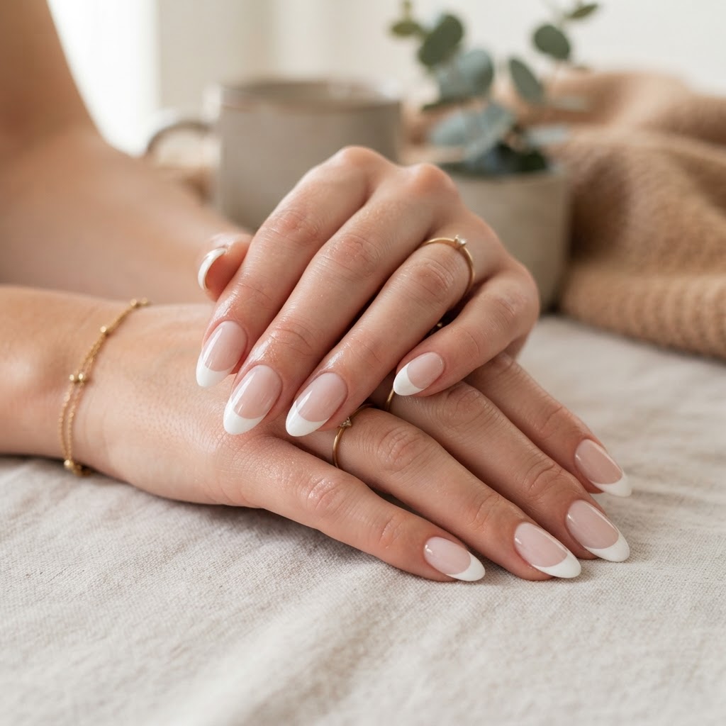 A close-up view of a flawless, glossy French tip press-on manicure.