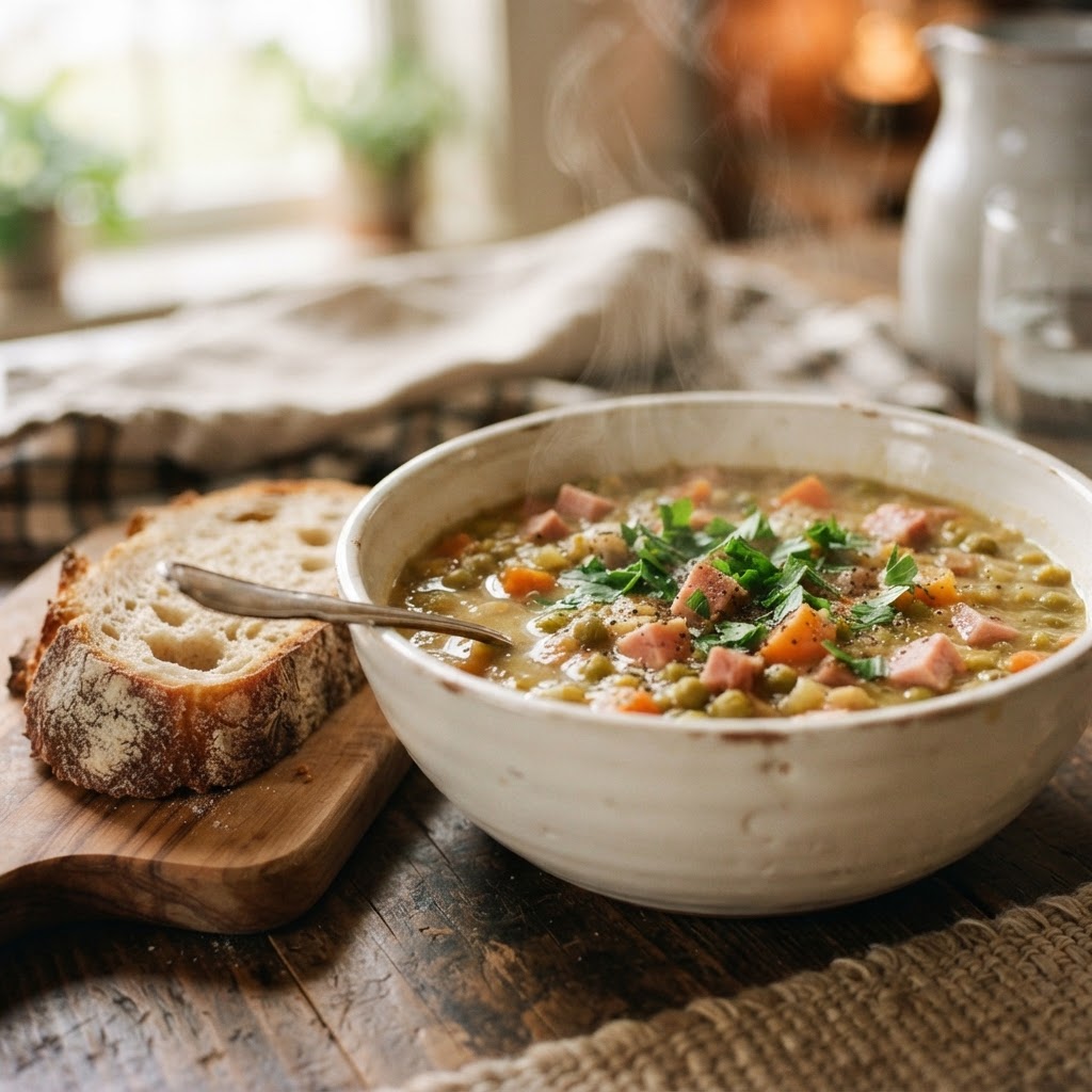 A bowl of hearty split pea and ham soup perfect for a cold day.