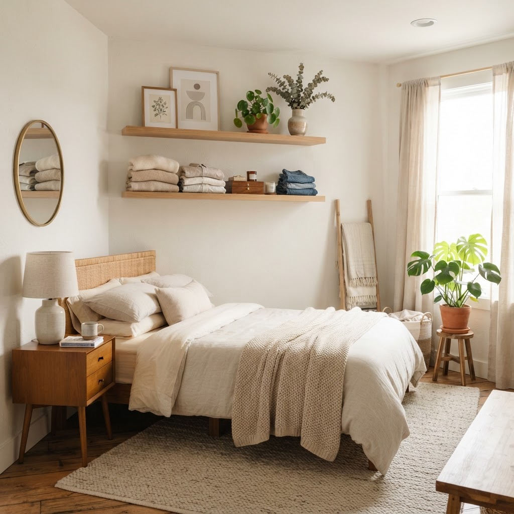 Floating shelves provide stylish storage for clothes in a small room.
