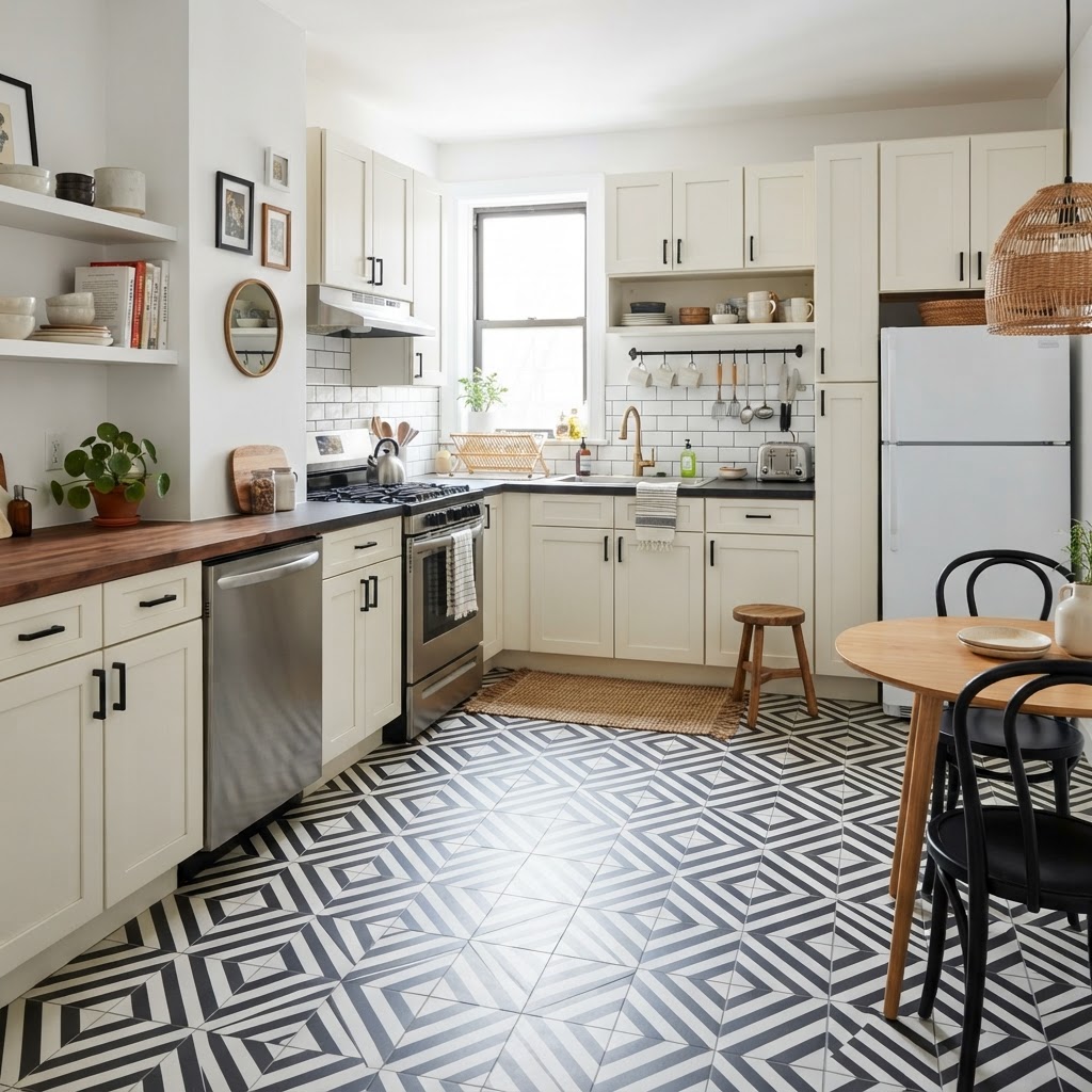 Transform dated rental flooring with durable peel-and-stick floor decals.
