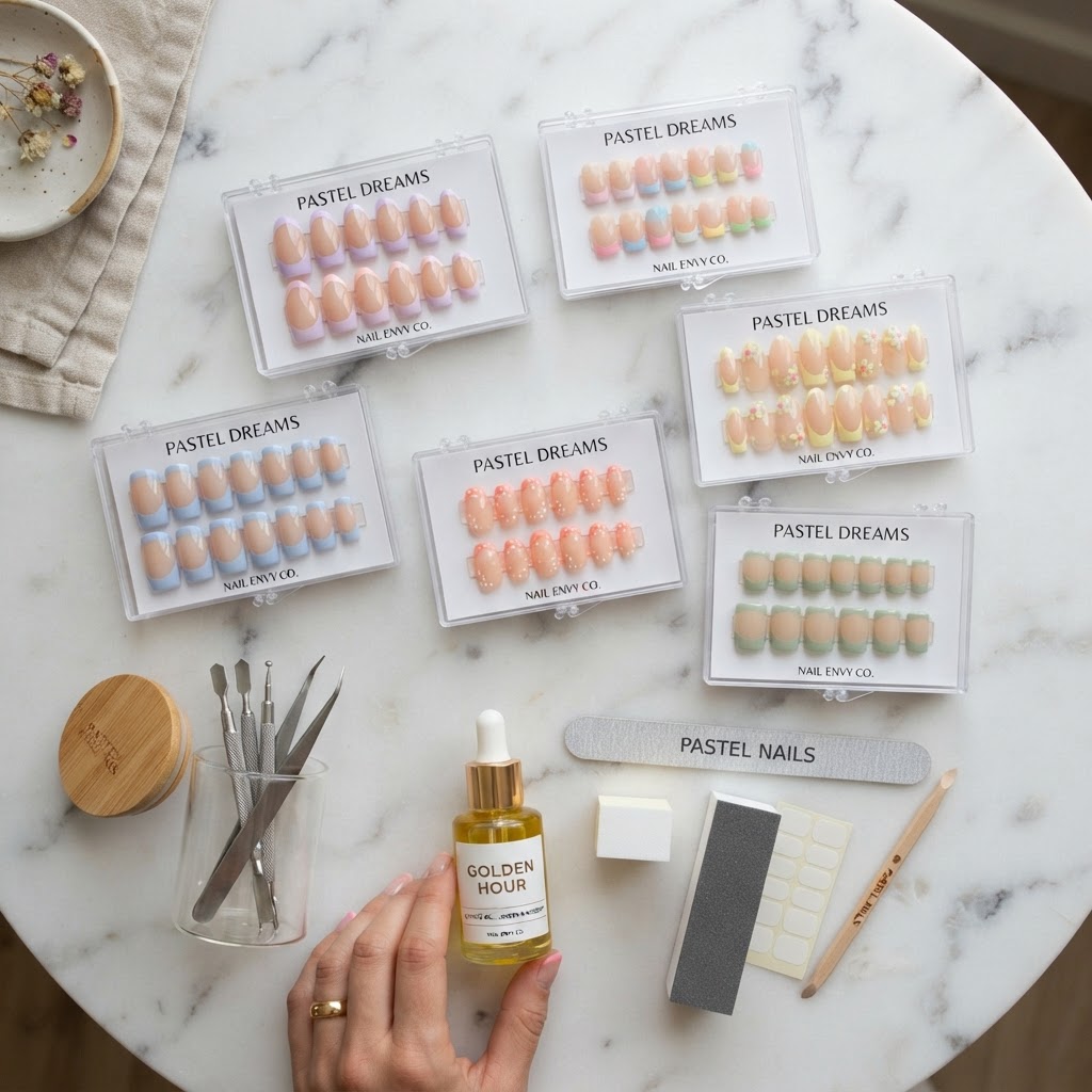 A variety of press-on nail designs, perfect for at-home manicures.