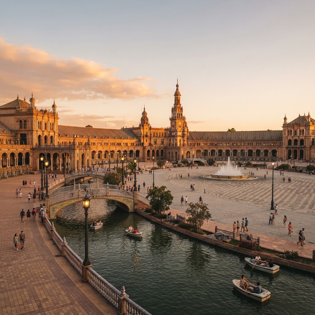 The breathtaking panoramic view of Plaza de España at sunset.