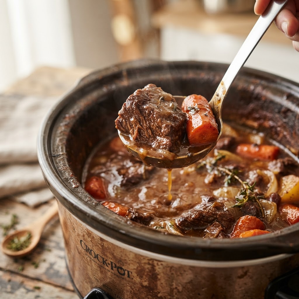 The perfect thick texture of a well-cooked slow cooker beef stew.
