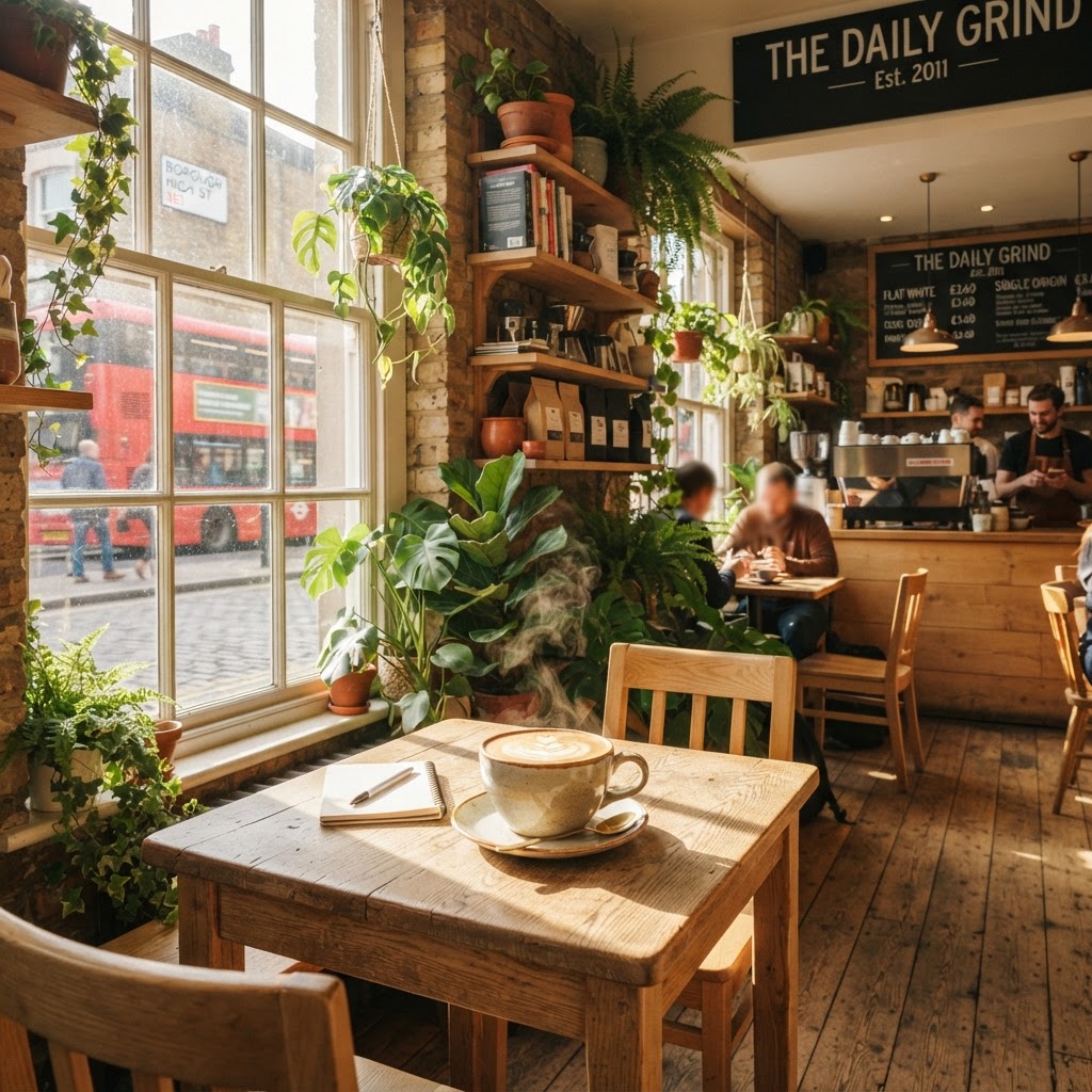 Enjoying a slow morning in a light-filled London cafe.
