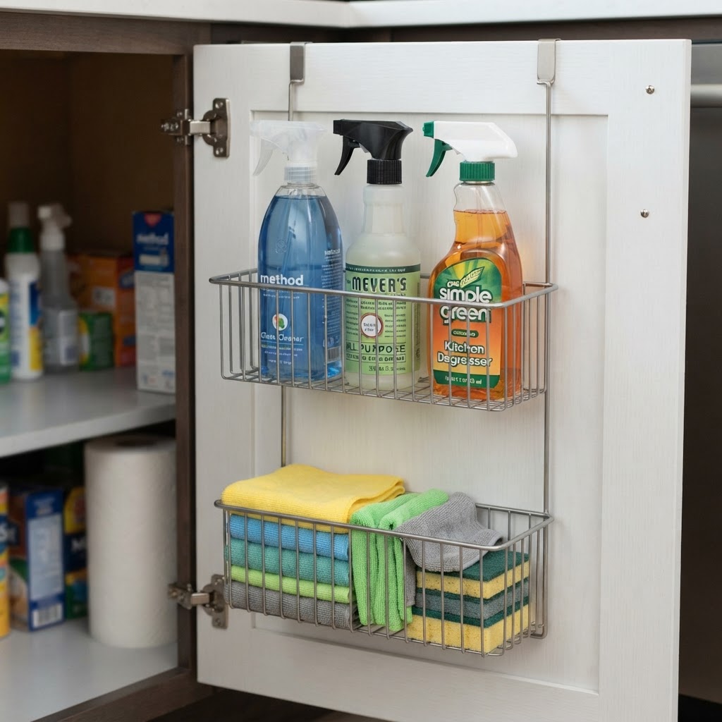 Door-mounted organizers maximize storage potential in tight cabinets.